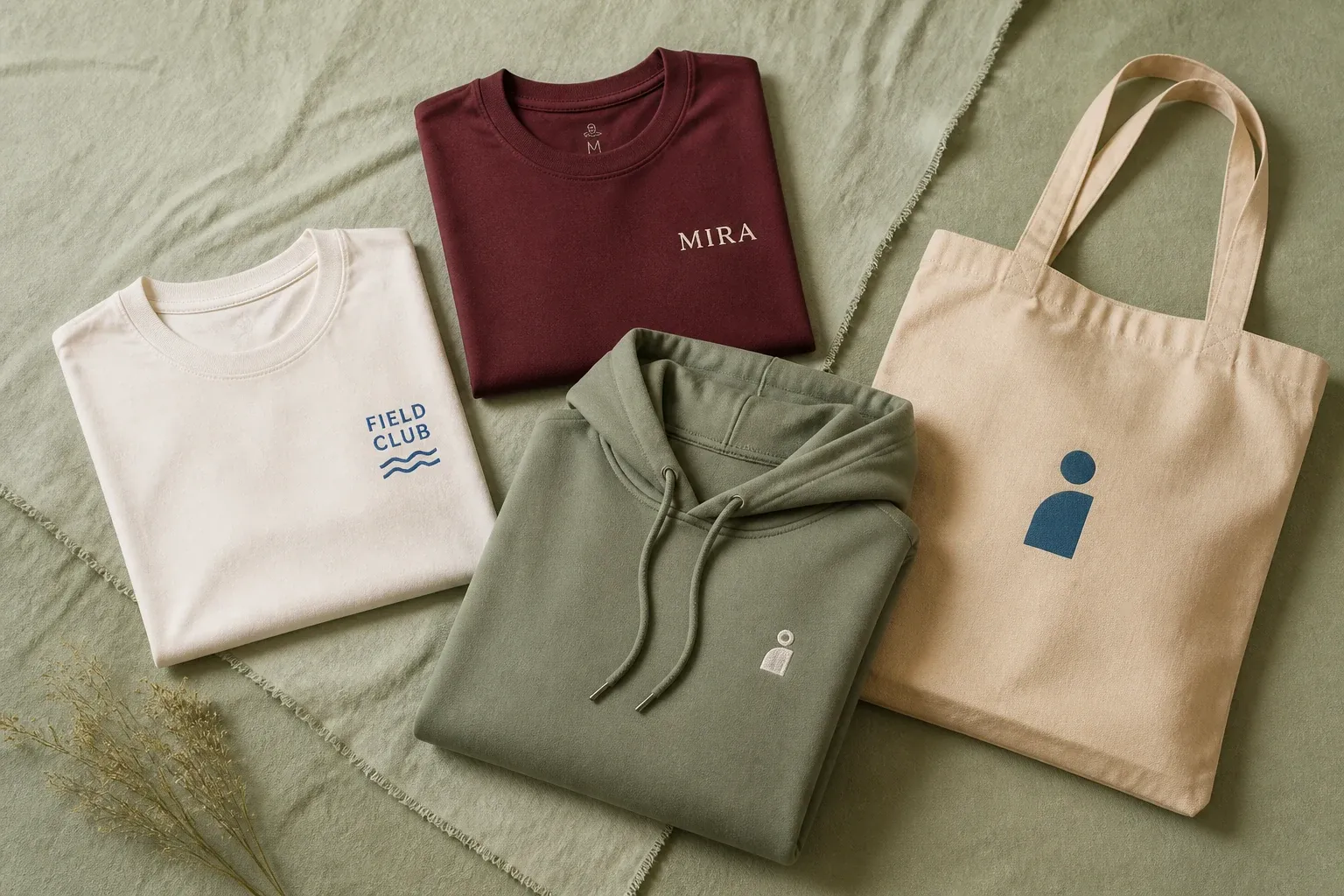 Composição de t-shirts, hoodie e saco de tecido personalizados