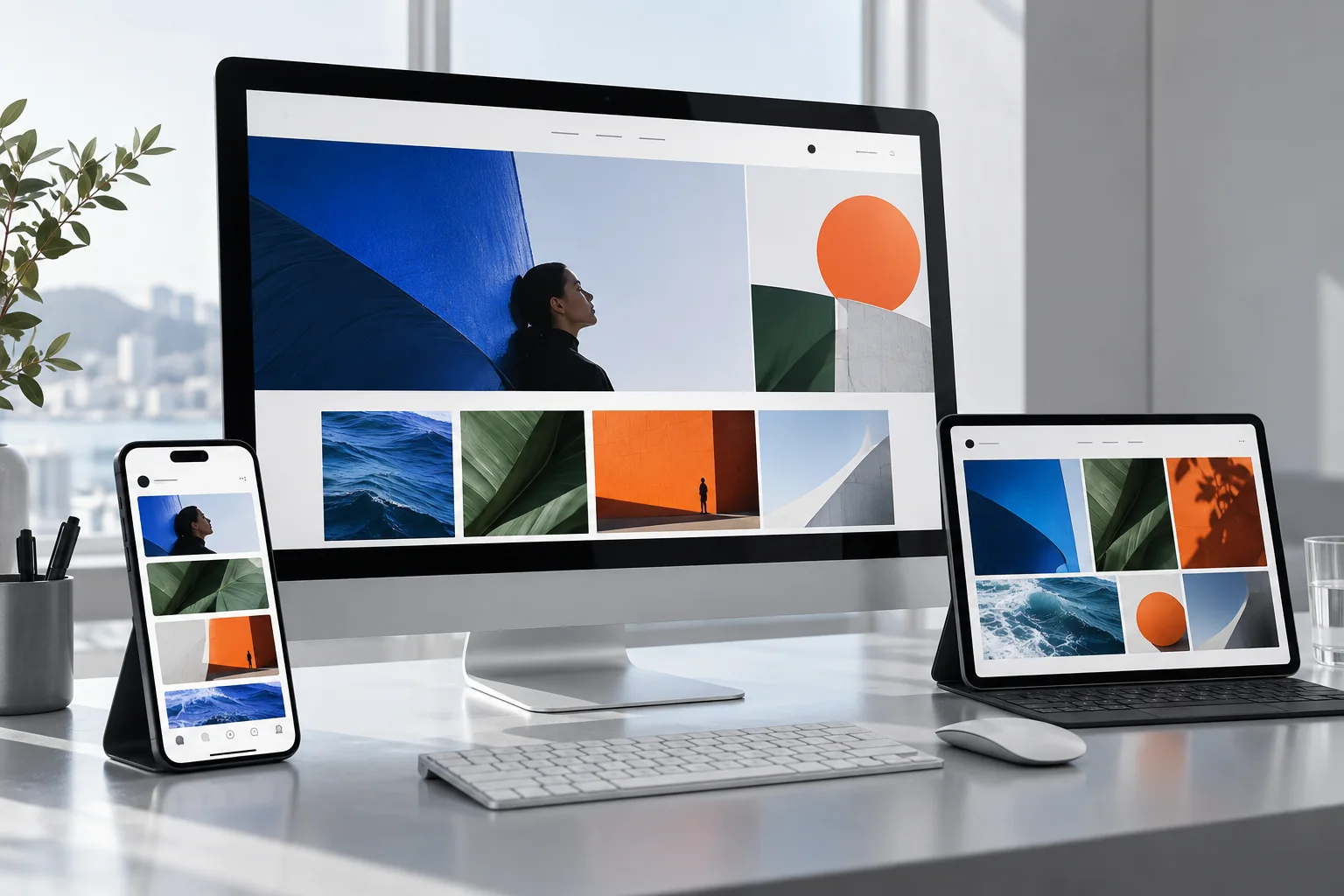 Conteúdo digital mostrado em ecrãs com declinações visuais para web e redes sociais