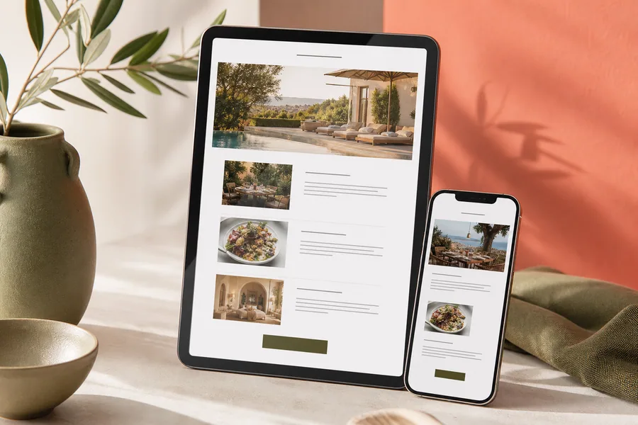 Exemplo visual de newsletter em tablet e telemóvel